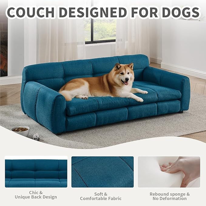 Dog Couch Bed with Backrest and Armrest, Durable Pet Sofa with Soft Foam Cushion, Elevated Dog Couch Bed with Legs for Medium and Large Dogs, Blue