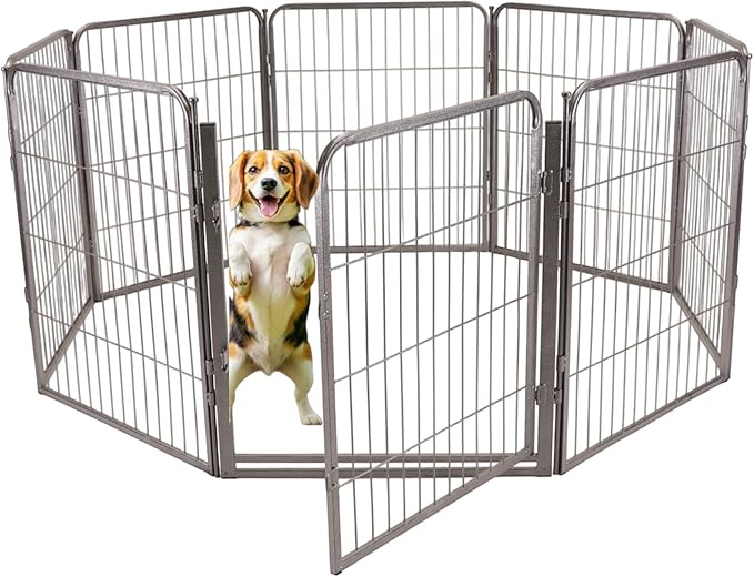 Dog Playpen - 32 inch, 8 Panel Portable Grey Metal Pet Play Pen for Small and Medium Dogs - Indoor/Outdoor Kennel Cage | Anti-Rust Tool Free Setup for Home, Yard, RV, or Camping