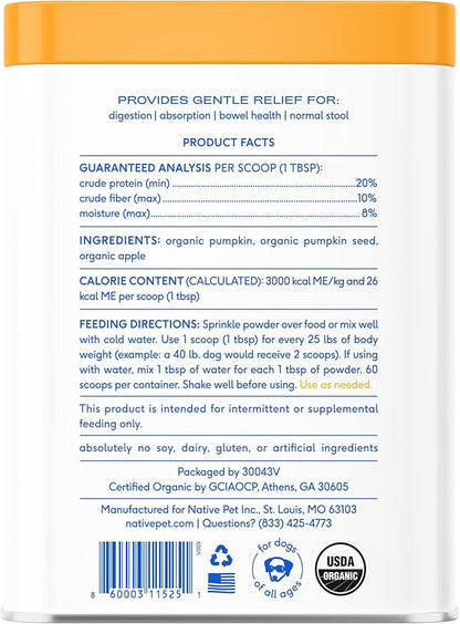 Native Pet Pumpkin for Dogs - Organic Dog Food Topper Powder - Promotes Firm Stools, Supports Digestive, Bowel Health & Nutrient Absorption - USDA Organic, Rich in Fiber with Real Pumpkin - 60 Scoops