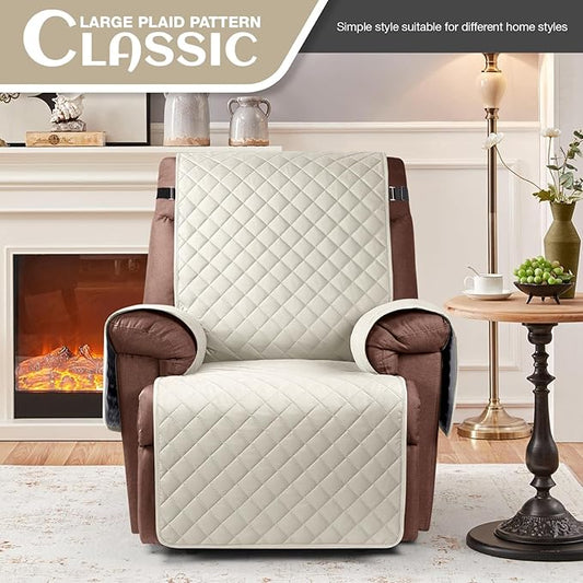KinCam 100% Waterproof Recliner Chair Cover, Reclining Couch Covers for Pets, Dogs, Recliner Couch Slipcover Furniture Protector with Elastic Straps for Kids(23.6", Ivory)