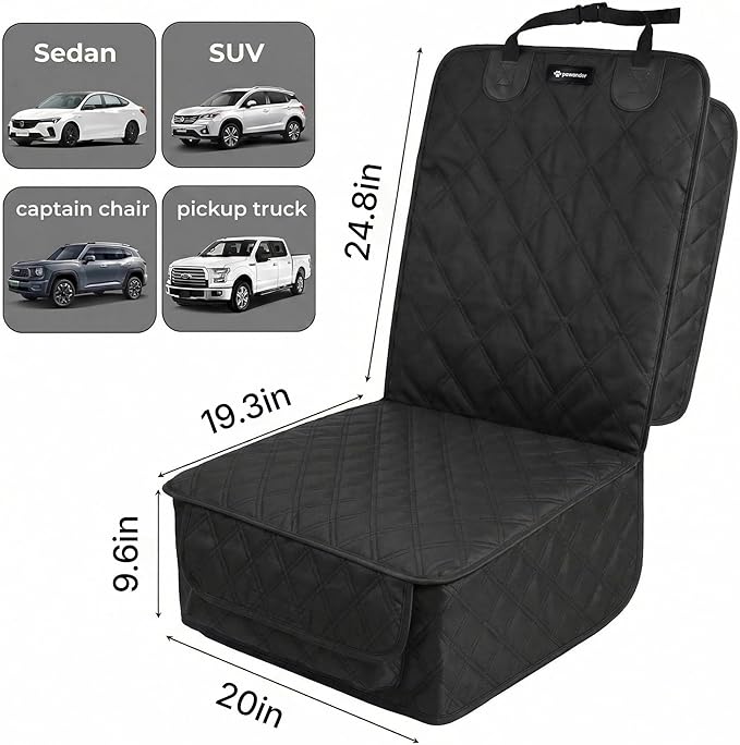Dog Front Seat Cover for Car, Waterproof 600D Oxford Cloth Pet Seat Protector with Side Flaps, Durable Dog Car Seat Cover Front Passenger for Bucket Seat/Captain Chair, Full Protection (Black)