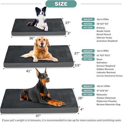 Waterproof XXL Dog Beds Large Sized Dogs, Outdoor Washable Crate Pad 48 inch, Jumbo XXLarge Orthopedic Foam Pet Bed with Removable Cover Reversible, Anti-Slip Kennel Pad, 47"x29", Dark Gray