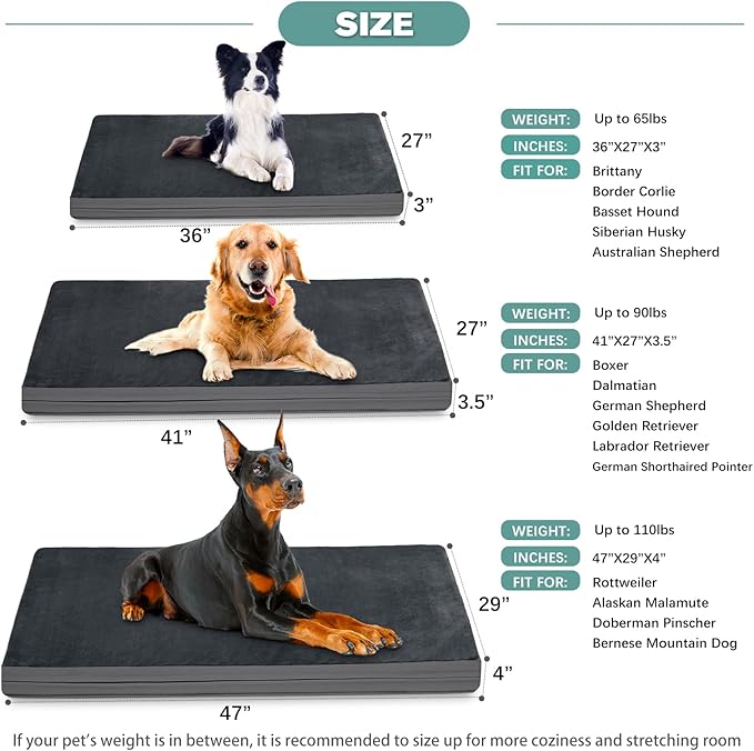 Waterproof XL Dog Beds Large Sized Dog, Outdoor Orthopedic Washable Crate Pad 42 inch, Extra Large Foam Pet Bed with Removable Cover Reversible, XLarge Anti-Slip Kennel Pad, 41"x27", Dark Gray