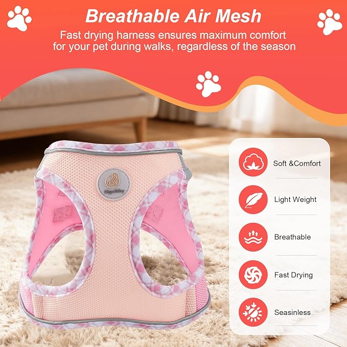 Hipubby Dog Harness Small Sized and Leash Set, No Pull Soft Mesh Puppy Vest, Reflective Breathable Lightweight Pet Harness, Harness for Small Medium Dogs and Cats - Light Pink M