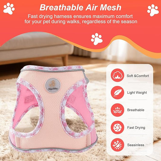 Hipubby Dog Harness Small Sized and Leash Set, No Pull Soft Mesh Puppy Vest, Reflective Breathable Lightweight Pet Harness, Harness for Small Medium Dogs and Cats - Light Pink XS