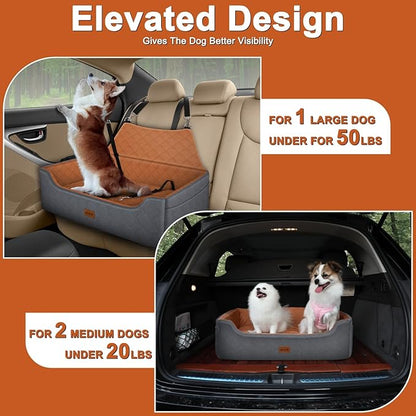 Large Dog Car Seat for Medium/Large Dog Under 55 lbs - Elevated Booster Car Seat for 2 Small Dogs,Removable and Washable,Filling Memory Foam with Safety Leashs and 2 Pockets