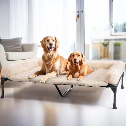 Veehoo Orthopedic Elevated Dog Bed with Fluffy Plush Bolster Cushion, Indoor Raised Dog Beds for Large Dogs, Soft Pet Sofa Cot with Removable Washable Mat, No-Slip Feet, 59 x 37 inches, Cream White