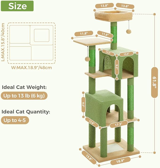 MUTTROS Cactus Cat Tree, 62-Inch Tall Multi-Level Cat Tower with Scratching Posts, Cat Condos for Large Indoor Cats, Plush Cat Bed w/Padded Perches, Scratching Pad & 2 Green Pompoms, Green