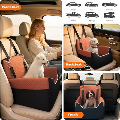 ALL GOOD PET SUPPLIES Dog Car Seat for Small/Medium Dogs Under 35lbs, Soft Booster Car Seat with Detachable Washable Cover and Cushion, Puppy Dog Car Bed, Black/Brown
