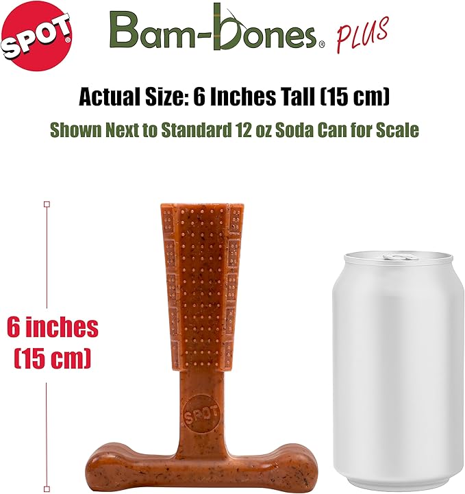 SPOT Bam-Bones Plus Coffee Wood T-Bone Dog Chew Toy, Beef Flavor, Nylon and Coffee Wood Fiber Blend, Durable Chew for Heavy Chewers and Dogs Under 60 lbs, Non-Splintering Dental Chew, 6 Inch