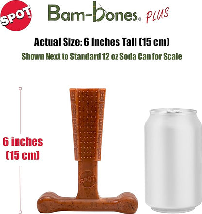 SPOT Bam-Bones Plus Coffee Wood T-Bone Dog Chew Toy, Beef Flavor, Nylon and Coffee Wood Fiber Blend, Durable Chew for Heavy Chewers and Dogs Under 60 lbs, Non-Splintering Dental Chew, 6 Inch