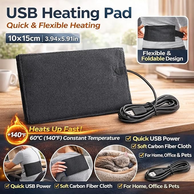 Hyuduo Carbon Fiber Heating Pad, 10 x 15cm, DC 5V USB Powered, 60℃ Constant Temperature, Quick Heat for Pet Bed, Chair Cushion, Clothing