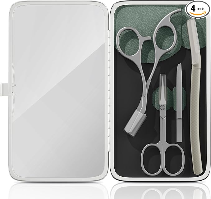 Glamne Eyebrow Trimmer Kit Scissors Tweezers Razor Facial Shaver Grooming Set with Mirror Travel Cases