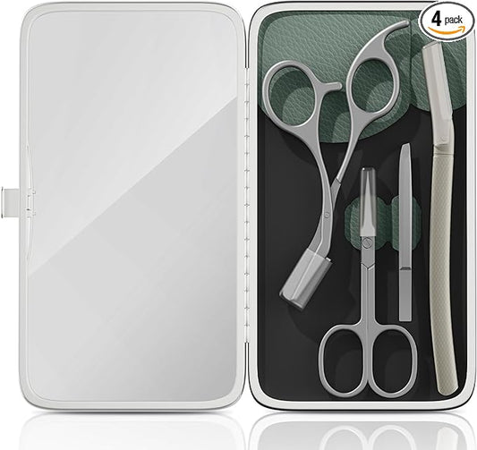 Glamne Eyebrow Trimmer Kit Scissors Tweezers Razor Facial Shaver Grooming Set with Mirror Travel Cases