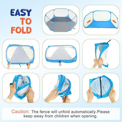 Pawaboo Small Animals Playpen with Pad, Waterproof Small Pet Cage Tent with Reusable Pad, Portable Outdoor Yard Fence for Chick/Kitten/Puppy/Guinea Pig/Rabbits/Chinchillas, Blue+Gray