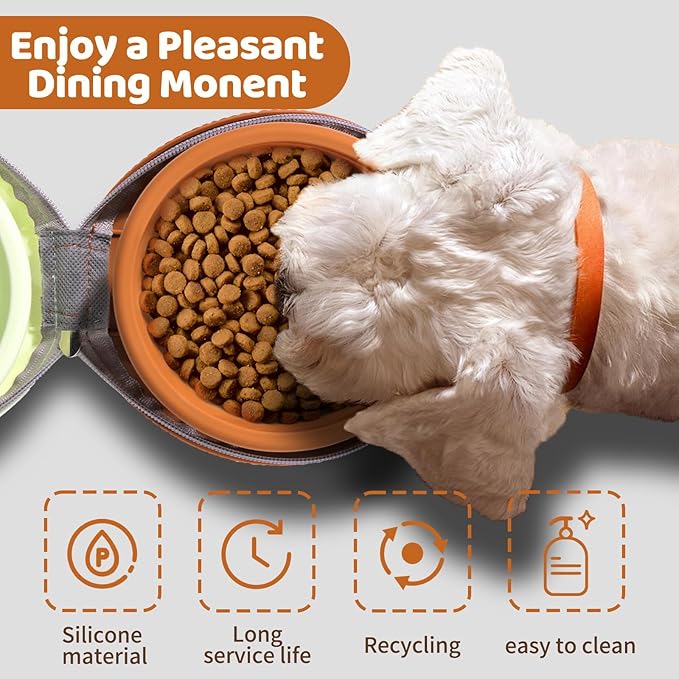 Portable Dog Travel Bowls – 2 in 1 Collapsible Silicone Bowls with Carry Case | All-in-One Food & Water Solution for Camping, Hiking, Car Travel | BPA-Free, Leash Clip, Easy Clean