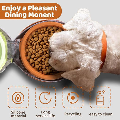 Portable Dog Travel Bowls – 2 in 1 Collapsible Silicone Bowls with Carry Case | All-in-One Food & Water Solution for Camping, Hiking, Car Travel | BPA-Free, Leash Clip, Easy Clean