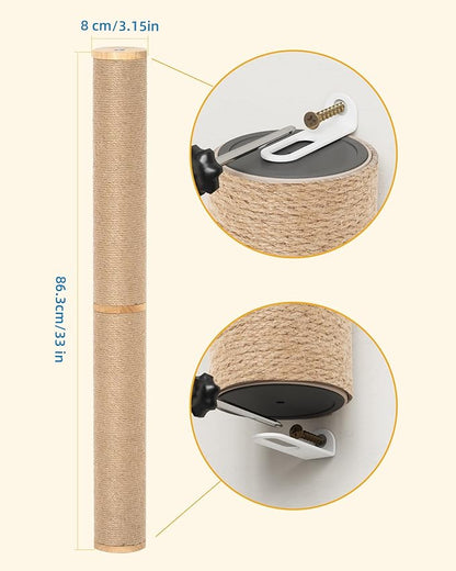 Aechonow 68" Wall Mounted Cat Scratcher, 2-Pcs of 34inch Tall Sisal Scratching Posts, Wall Mounted Cat Pole for Indoor Large Adult Cats Climb Stretch Play, Wooden