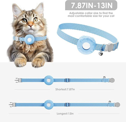 Cat Tracker,Breakaway Tracking Pet Collar with Finder Tag and Tracker Holder,No Monthly Fee,Compatible with Apple Find My (iOS Only), Reflective Strip Design with Bell(Blue)