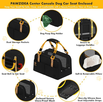 PAWZIDEA Center Console Dog Car Seat, Enclosed Small Dog Armrest Booster Carseat, Secure Straps &Anti Slip, Portable TSA Approved Puppy Pet Carrier Soft-Sided, Removable Pillow Storage Pocket, up 12lb