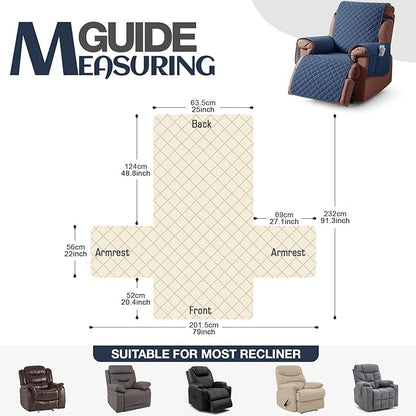 KinCam 100% Waterproof Recliner Chair Cover, Reclining Couch Covers for Pets, Dogs, Recliner Couch Slipcover Furniture Protector with Elastic Straps for Kids(25", Blue)