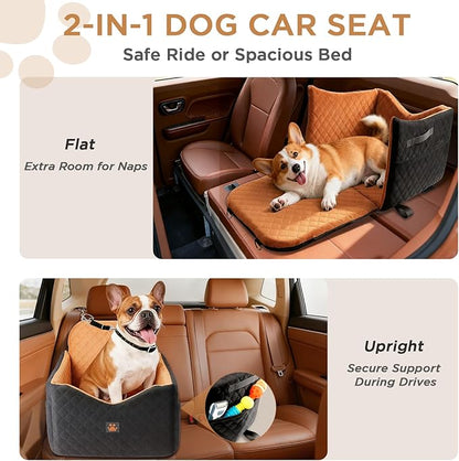 Dog Car Seat for Small/Medium Dogs Up to 35lbs, Puppy Car Seat with Thick Cushion, Detachable Washable Dog Carseat with Storage Pockets, 2 Safety Belts (Brown)