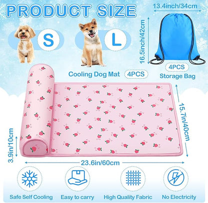 DoubleFill 4 Pack Cooling Dog Mats with Supportive Pillow 15.7" x 23.6" Self Cooling Dog Pads Ice Silk Washable Pet Cool Mat Summer Cat Sleeping Pad with Storage Bag for Crate Bed Floor (Small, Pink)