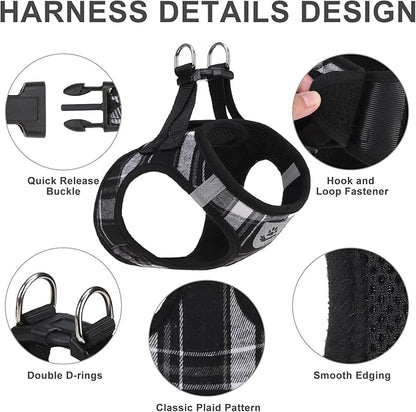 EXPAWLORER Classic Plaid Puppy Harness - Dog Collar and Leash - Soft Mesh Padded Adjustable Step in Small Dog Vest Harness No Pull, Reflective Escape Proof for Outdoor Walking, Black XXS