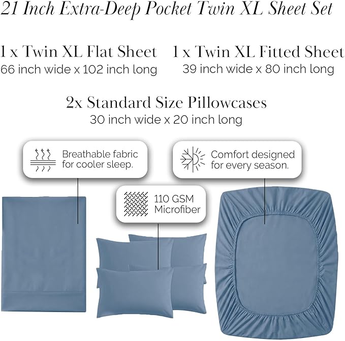 Southshore Fine Living, Inc. Extra Deep Pocket Twin XL Sheets Set, 4-Piece Ultra-Soft Microfiber Blue Bed Sheets with 21" Deep Twin XL Fitted Sheet, Oversize Flat Sheet, 2 Pillowcases, Coronet Blue