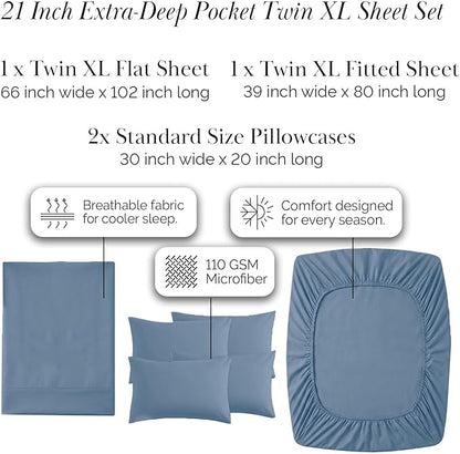 Southshore Fine Living, Inc. Extra Deep Pocket Twin XL Sheets Set, 4-Piece Ultra-Soft Microfiber Blue Bed Sheets with 21" Deep Twin XL Fitted Sheet, Oversize Flat Sheet, 2 Pillowcases, Coronet Blue