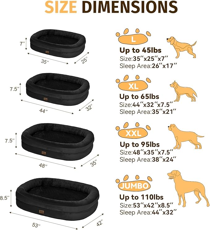 Orthopedic Jumbo Dog Bed for Extra Large Dogs, Giant Waterproof Dog Bed for Large Breed Dogs, Supportive Egg Crate Foam Pet Bed with Removable Washable Cover & Non-Slip Bottom, Black