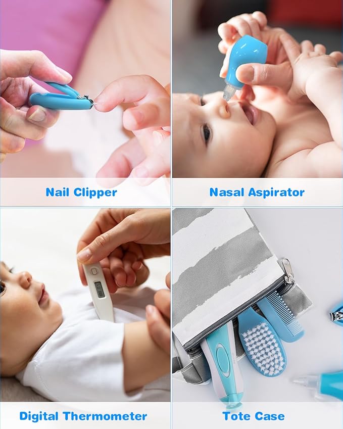 OTTOLIVES Baby Healthcare and Grooming Kit, 24 in 1 Baby Electric Nail Trimmer Set Newborn Nursery Health Care Set for Newborn Infant Toddlers Baby Boys Girls Kids Haircut Tools (0-3 Years+) (Blue)