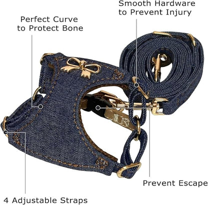 No Pull Dog Harness and Leash Set for Small Sized Dog Training Puppy Harnesses with Multifunction Dog Leash Soft Adjustable Denim No Choke Escape Proof Pet Harness for Small Medium Dog (Navy Blue XS)