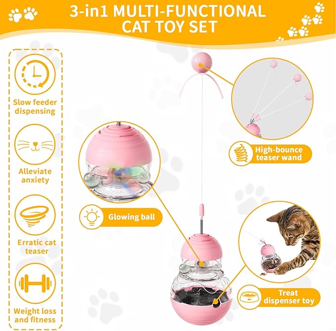 Cat Interactive Toys Engaging Wand, Slow Food Treat Dispenser, and Tumbler Design for Indoor Cats Durable, Non-Toxic, Ideal for Exercise and Boredom Relief Gift for Kitten, Pink