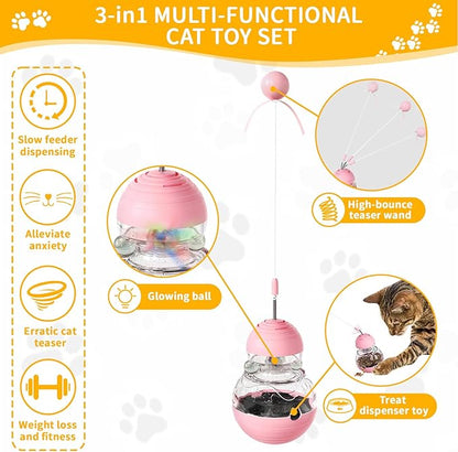 Cat Interactive Toys Engaging Wand, Slow Food Treat Dispenser, and Tumbler Design for Indoor Cats Durable, Non-Toxic, Ideal for Exercise and Boredom Relief Gift for Kitten, Pink