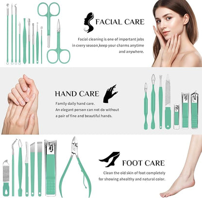 MINKINH Travel Manicure Set 26-Piece, Portable Nail Clippers Kit with PU Case, Carbon Steel Clippers, 410 Stainless Steel Grooming Tools, Hand Foot Facial Care for Luggage Backpack（Green）