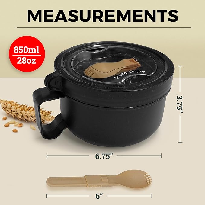 Souper Duper Ramen Bowl Set with Utensil • Heat & Eat Noodles in the Same Soup Bowl • Meal Prep Containers with Lids • Lunch Containers • Microwave, Freezer, Dishwasher Safe (Black)