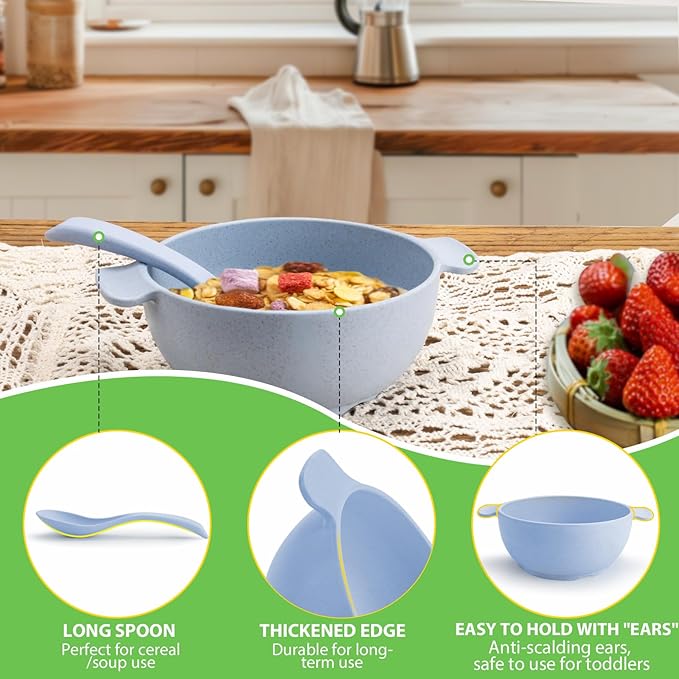 shopwithgreen Unbreakable Kids Bowls -Microwave Dishwasher Safe- Wheat Straw Snack Bowl Sets for Kids/Toddler/Children/Baby Feeding - 4 Bowls and 4 Spoons, Lightweight and Durable, 14 OZ