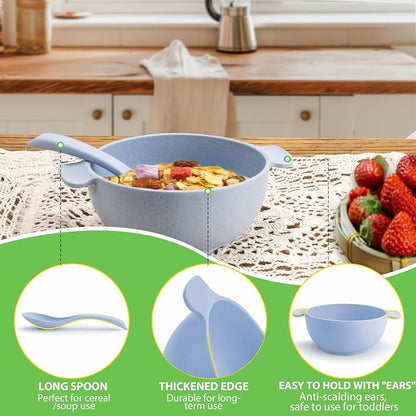 shopwithgreen Unbreakable Kids Bowls -Microwave Dishwasher Safe- Wheat Straw Snack Bowl Sets for Kids/Toddler/Children/Baby Feeding - 4 Bowls and 4 Spoons, Lightweight and Durable, 14 OZ