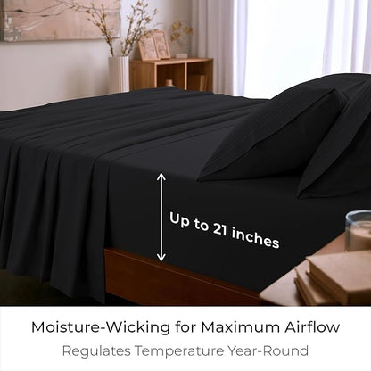Mellanni Full Sheet Set - 6-Piece Iconic Collection Bedding, (Including 4 Pillowcases), 21-Inch Extra Deep Pocket, Easy Care, Ultra Soft, Cooling Sheets, Brushed Microfiber - Black