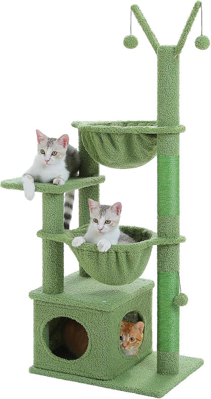 MUTTROS Cactus Cat Tree, 47.6" Cat Tower with 2 Metal Frame Hammock, Cat Scratching Post for Indoor Cats with 2 Removable Pompom Sticks for Kittens, Green