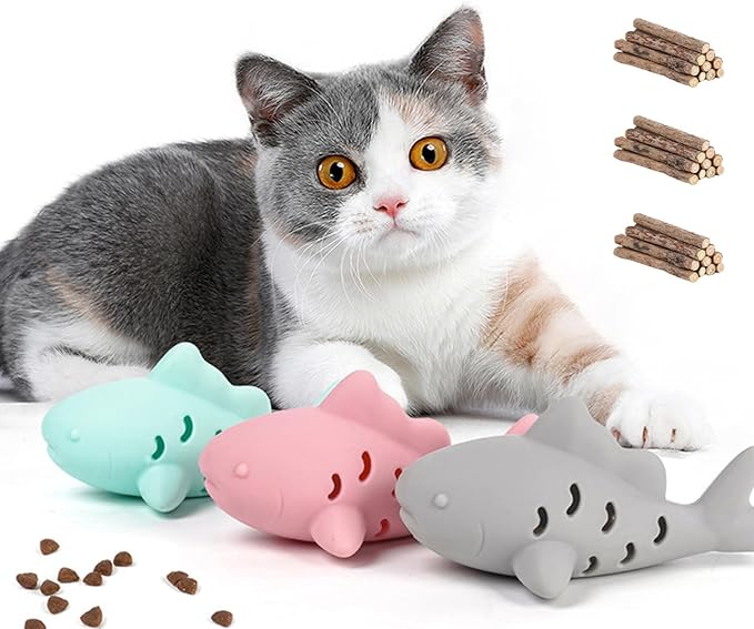 33 Pcs Cat Toys Silicone Shark Chew Toys for Teething Kittens Natural Silvervine Sticks - Dental Health Chews, Catnip Alternative for Boredom Relief, Interactive Treat Dispenser Puzzle Feeder