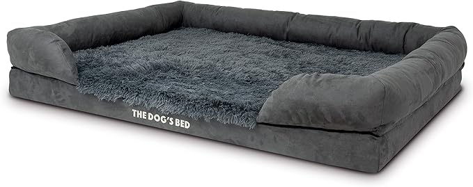 The Dog’s Bed Orthopedic Memory Foam Dog Bed with Bolsters for XXL Dogs, Waterproof Washable Cover, Anti-Slip Base, Calming Surface – CertiPUR-Certified Foam, Fur Fabric, Grey Fur, XXL