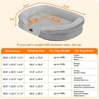 Dwanton Orthopedic Dog Bed for Medium Dogs with Gel Memory Foam, Waterproof Dog Sofa, Washable Pet Bed with Four Sided Bolster Cushion, Removable Cover & Non-Slip Bottom, 36", Light Gray