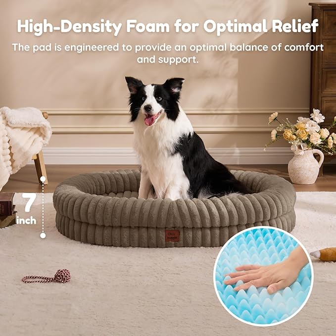 ChiXnuggle XL Dog Bed - Luxury Striped Faux Fur Waterproof Pet Couch with Removable Washable Cover, Orthopedic Dog Bed with Bolster Sides for Sleeping, Taupe