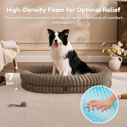 ChiXnuggle XL Dog Bed - Luxury Striped Faux Fur Waterproof Pet Couch with Removable Washable Cover, Orthopedic Dog Bed with Bolster Sides for Sleeping, Taupe