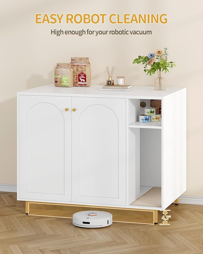 Hzuaneri Extra Large Cat Litter Box Enclosure, Automatic Litter Box Furniture with Scratch Pad, Wooden Modern Self-Cleaning Cat Cabinet with Storage, Cats House, End Table, White and Gold CB87103G