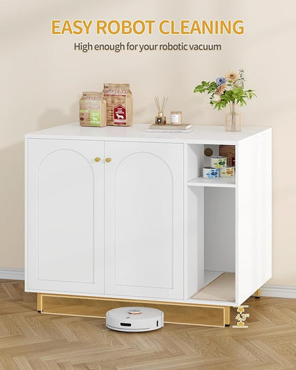 Hzuaneri Extra Large Cat Litter Box Enclosure, Automatic Litter Box Furniture with Scratch Pad, Wooden Modern Self-Cleaning Cat Cabinet with Storage, Cats House, End Table, White and Gold CB87103G