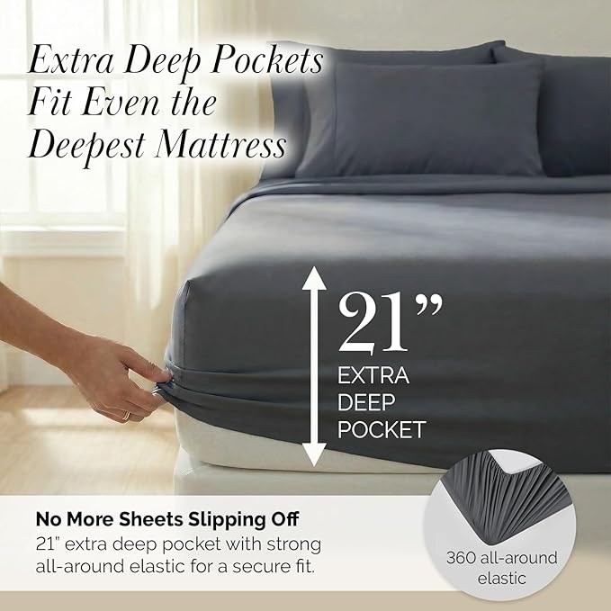 Southshore Fine Living, Inc. 6-Piece, 21-Inch Queen Deep Pocket Sheet Set, Wrinkle Free Sheets, Grey Queen Sheets Deep Pocket, Full Elastic Fitted Sheet, Oversized Flat, 4 Pillow Cases, Slate