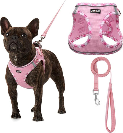 AMTOR Small Dog Harness with Leash Set, No Escape Easy Walk Puppy Harnesses for Training Walking, Step-in Reflective Soft Dogs Vest for XS S Medium Extra-Small Large Sized Dog(M Size,Pink/White)